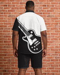 Big & Tall Men's Music Black & White Guitar Print Short Sleeve Shirt Shorts Set