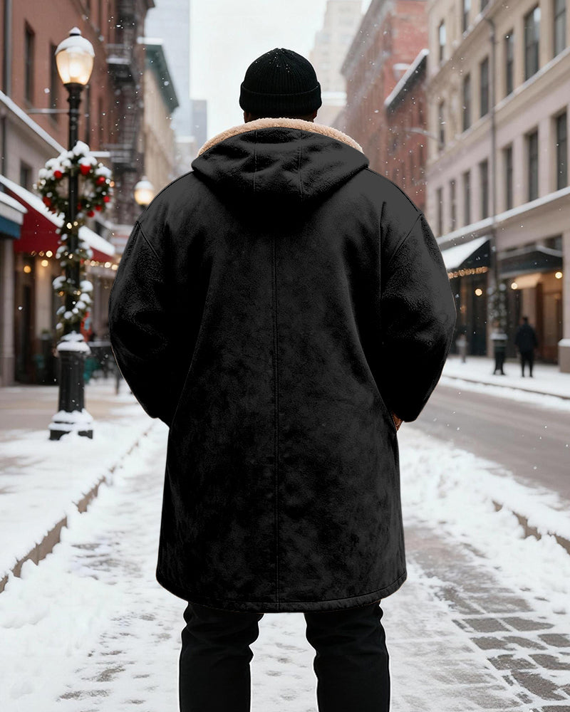 Big & Tall Men's Black Red And Blue Stripe Printed Velvet Thickened Long Hooded Coat