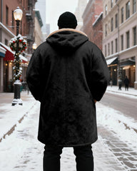 Big & Tall Men's Black Red And Blue Stripe Printed Velvet Thickened Long Hooded Coat