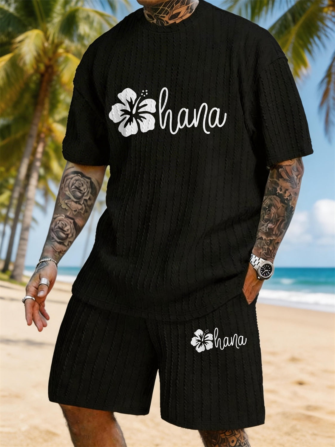 Ohana Hibiscus Flower Print Texture Plus Size Vacation Suit