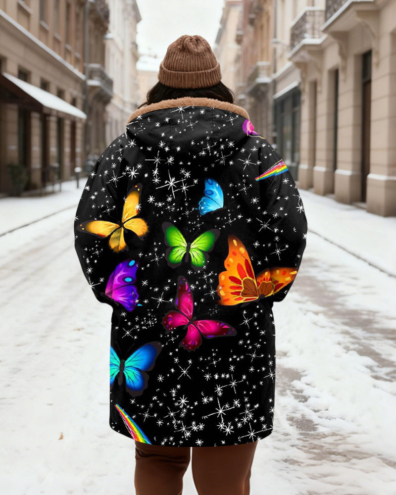 Women's Black Starry Sky Colorful Butterfly Printed Velvet Thickened Long Hooded Coat