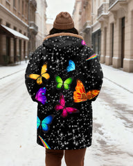Women's Black Starry Sky Colorful Butterfly Printed Velvet Thickened Long Hooded Coat