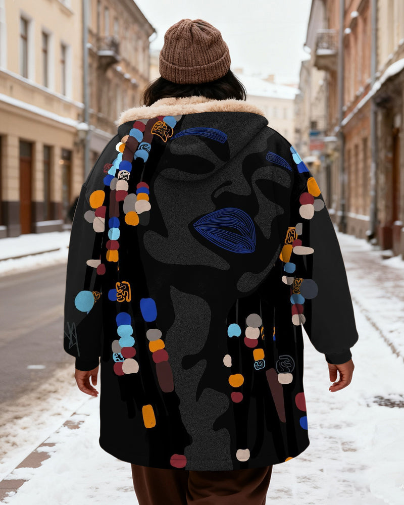 Women's Black Grey Abstract Face Color Beaded Print Velvet Thickened Long Hooded Coat