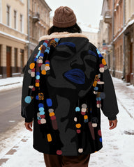 Women's Black Grey Abstract Face Color Beaded Print Velvet Thickened Long Hooded Coat