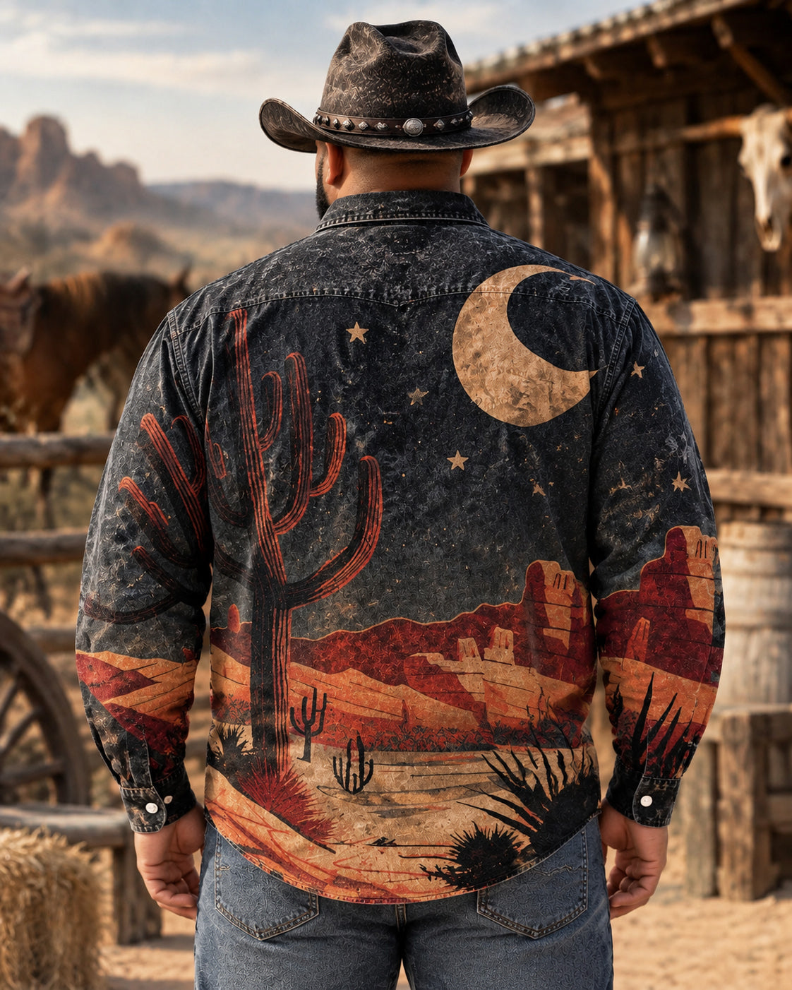 Big & Tall Men's Vintage Western-style Cactus Desert Print Long Sleeve Shirt