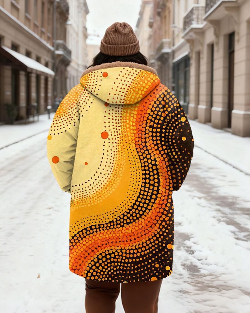 Women's Yellow Orange Brown Gradient Wave Dot Print Velvet Thickened Long Hooded Coat