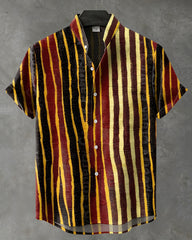 Big & Tall Men's Retro Color-blocked Stripes Print Henry Collar Short Sleeve Shirt