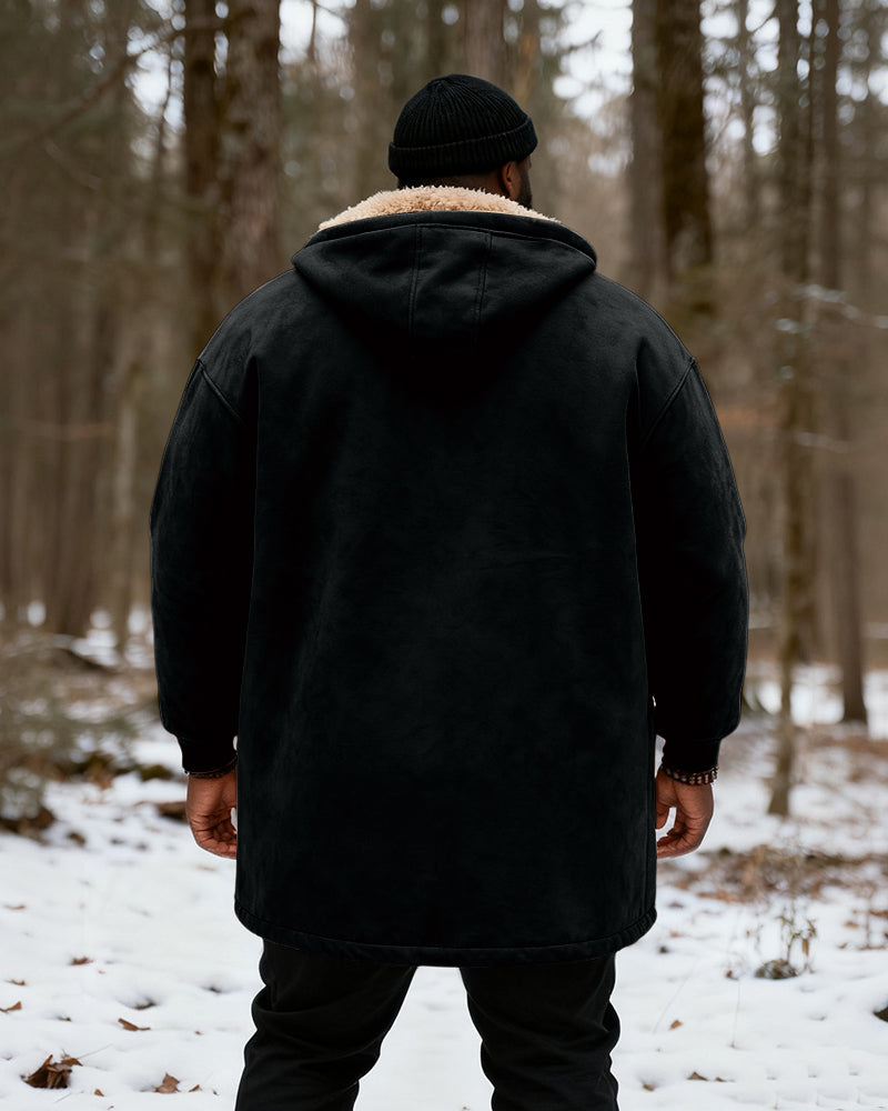 Big & Tall Men's Hunting Style Bull Totem Print Velvet Thickened Long Hooded Coat