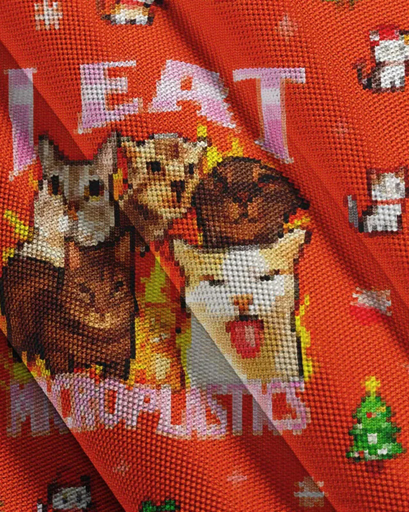 Big & Tall Men's Christmas Orange Cat Print Crewneck Ugly Sweater