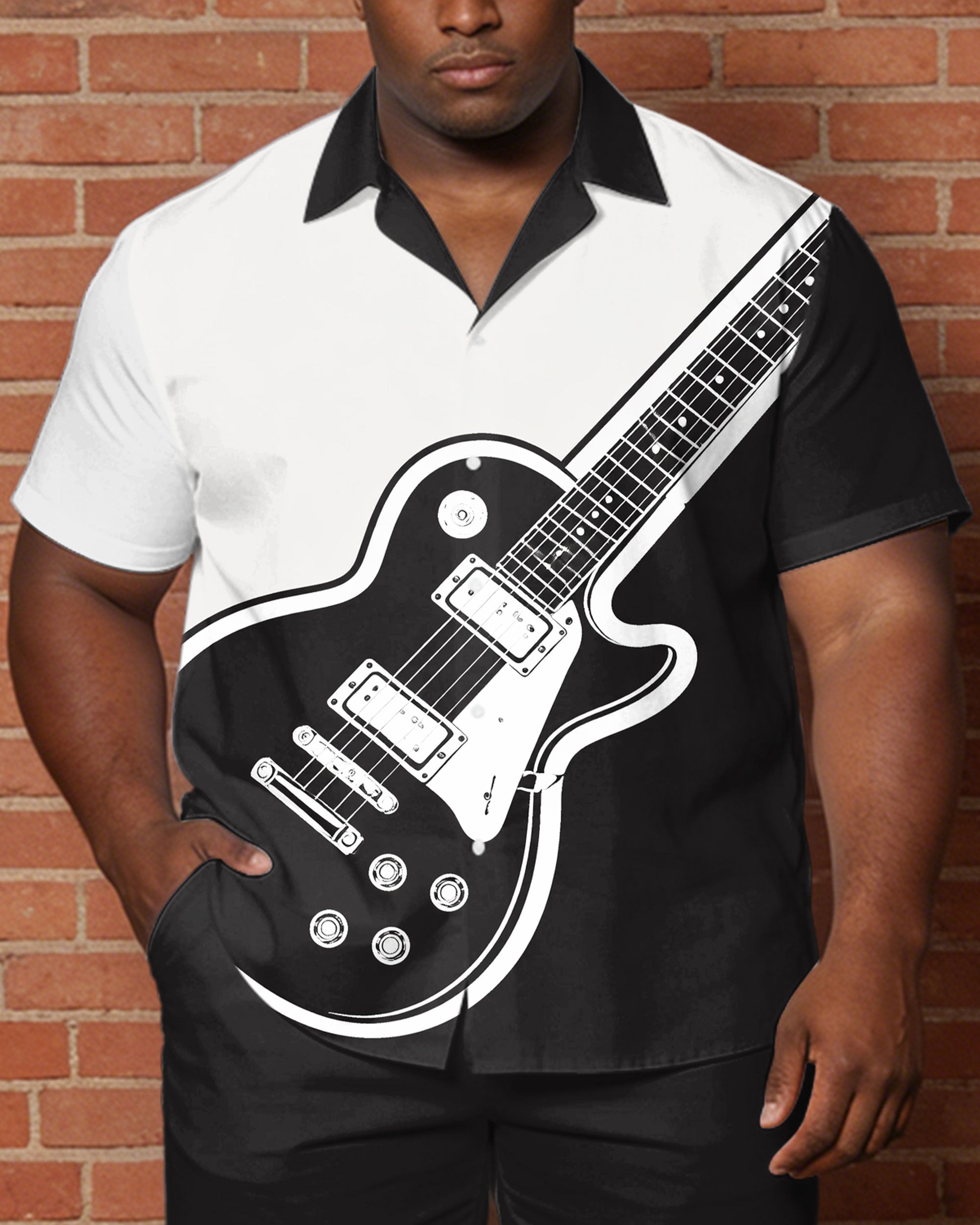 Big & Tall Men's Music Black & White Guitar Print Short Sleeve Shirt Shorts Set
