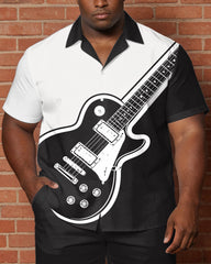 Big & Tall Men's Music Black & White Guitar Print Short Sleeve Shirt Shorts Set