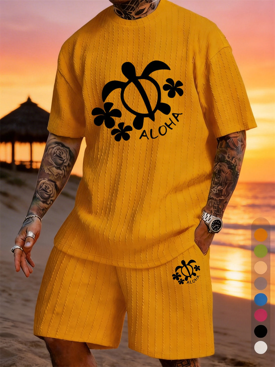 ALOHA Turtle Floral Print Texture Large Size Vacation Set