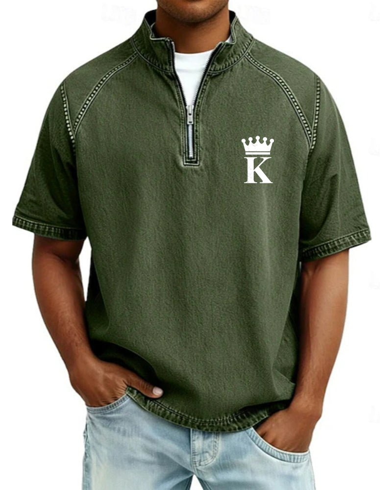S-4XL Crown K Letter Print Wash Half-Zip Short-Sleeve Polo Shirt