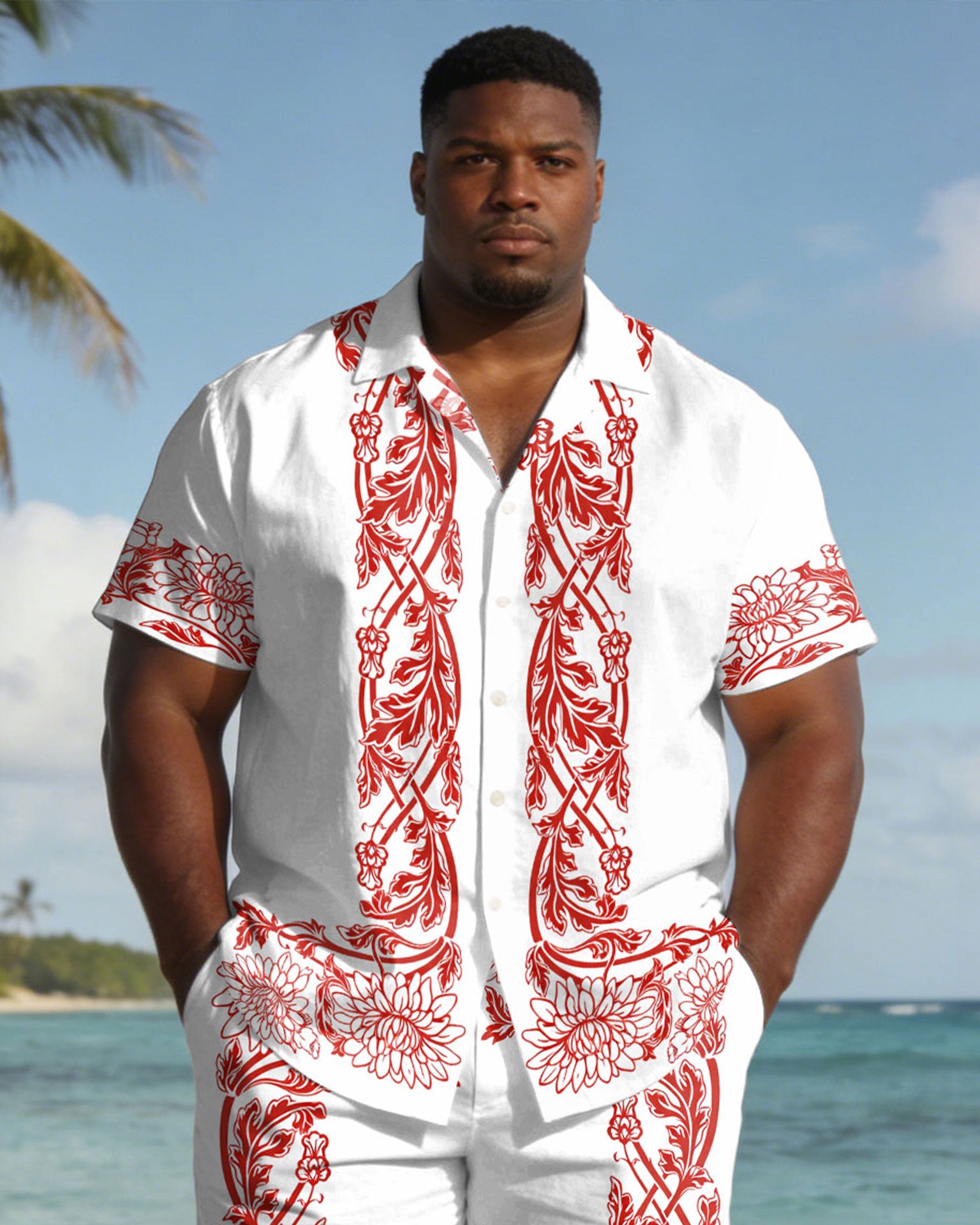 Men's Plus Size White Symmetrical Print Short Sleeve Shirt Shorts Set