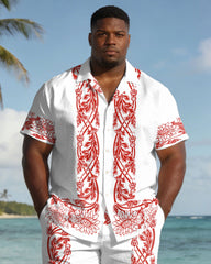 Men's Plus Size White Symmetrical Print Short Sleeve Shirt Shorts Set