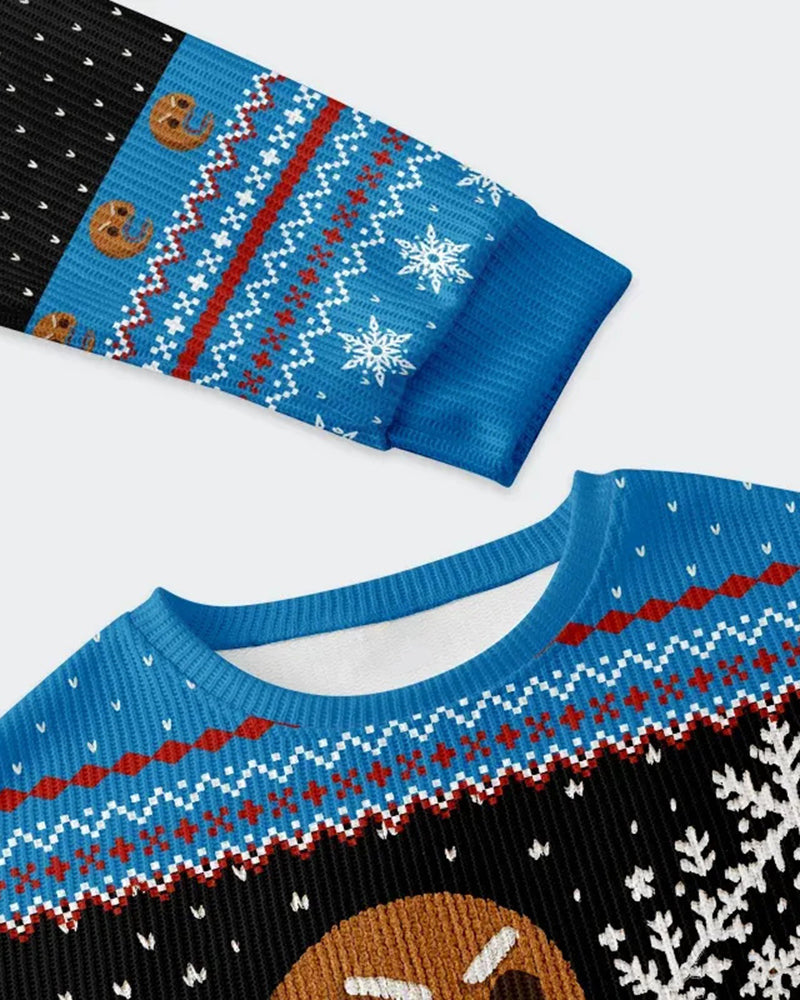 Big & Tall Men's Christmas Blue Gingerbread Man Print Crewneck Ugly Sweater
