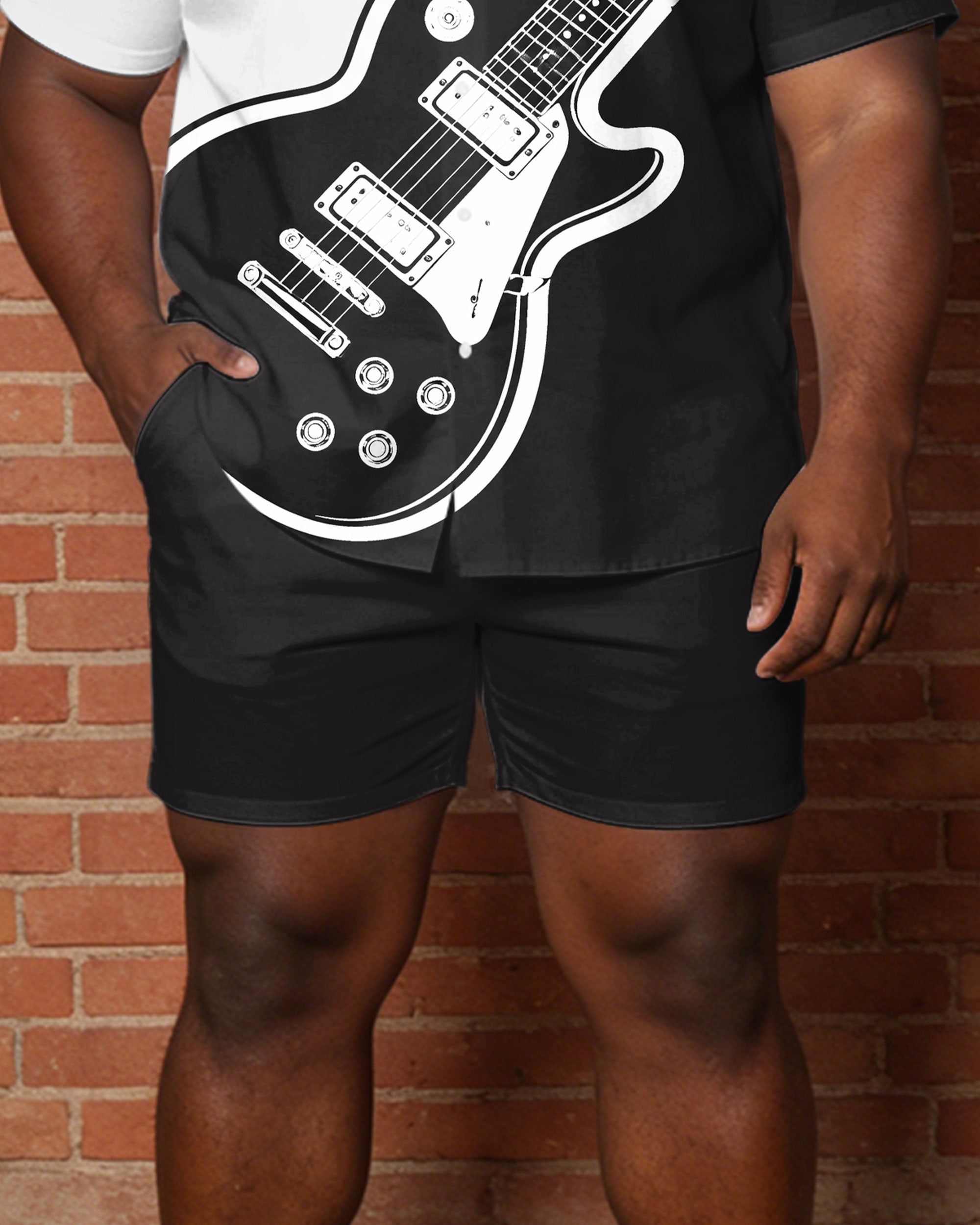 Big & Tall Men's Music Black & White Guitar Print Short Sleeve Shirt Shorts Set