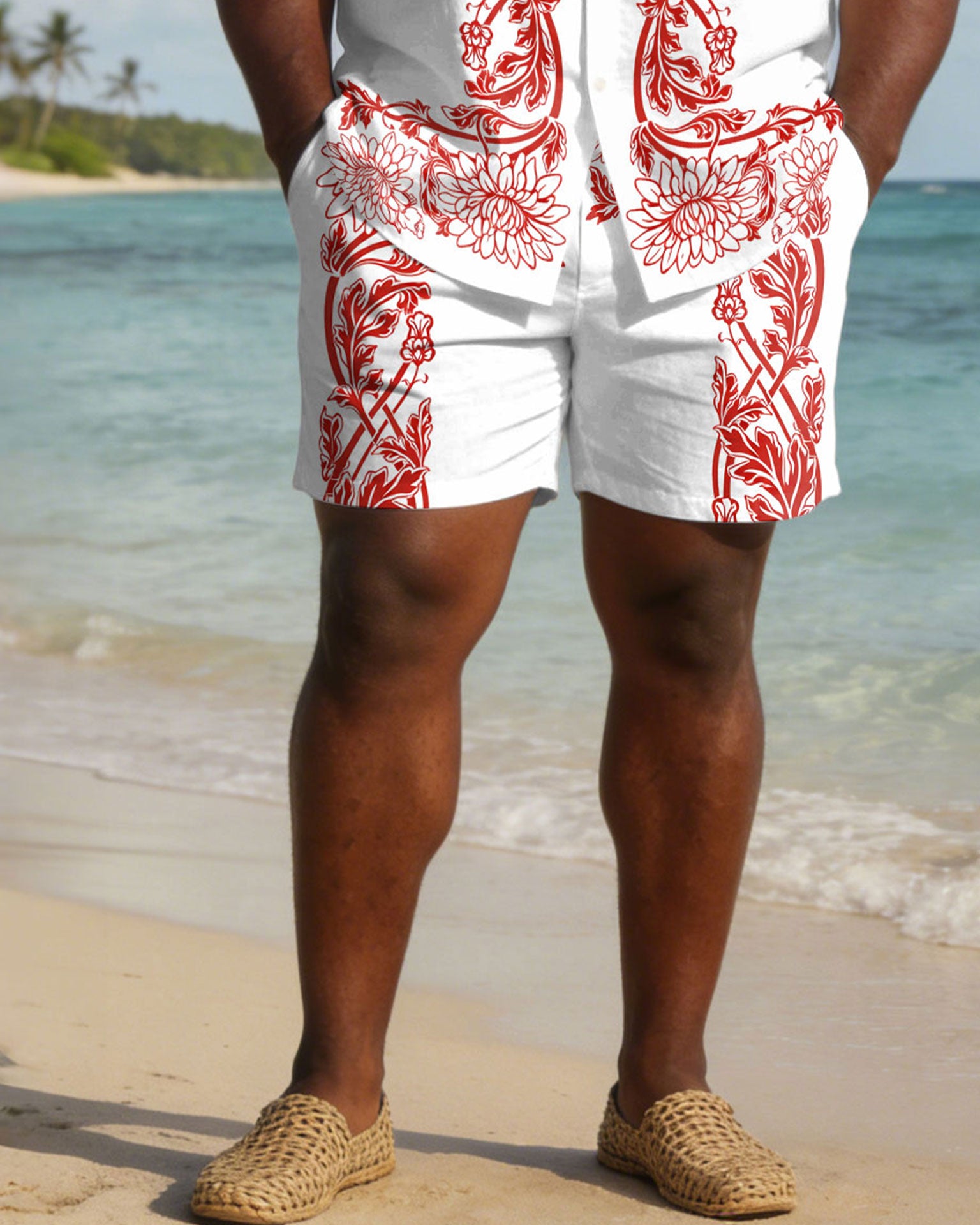 Men's Plus Size White Symmetrical Print Short Sleeve Shirt Shorts Set