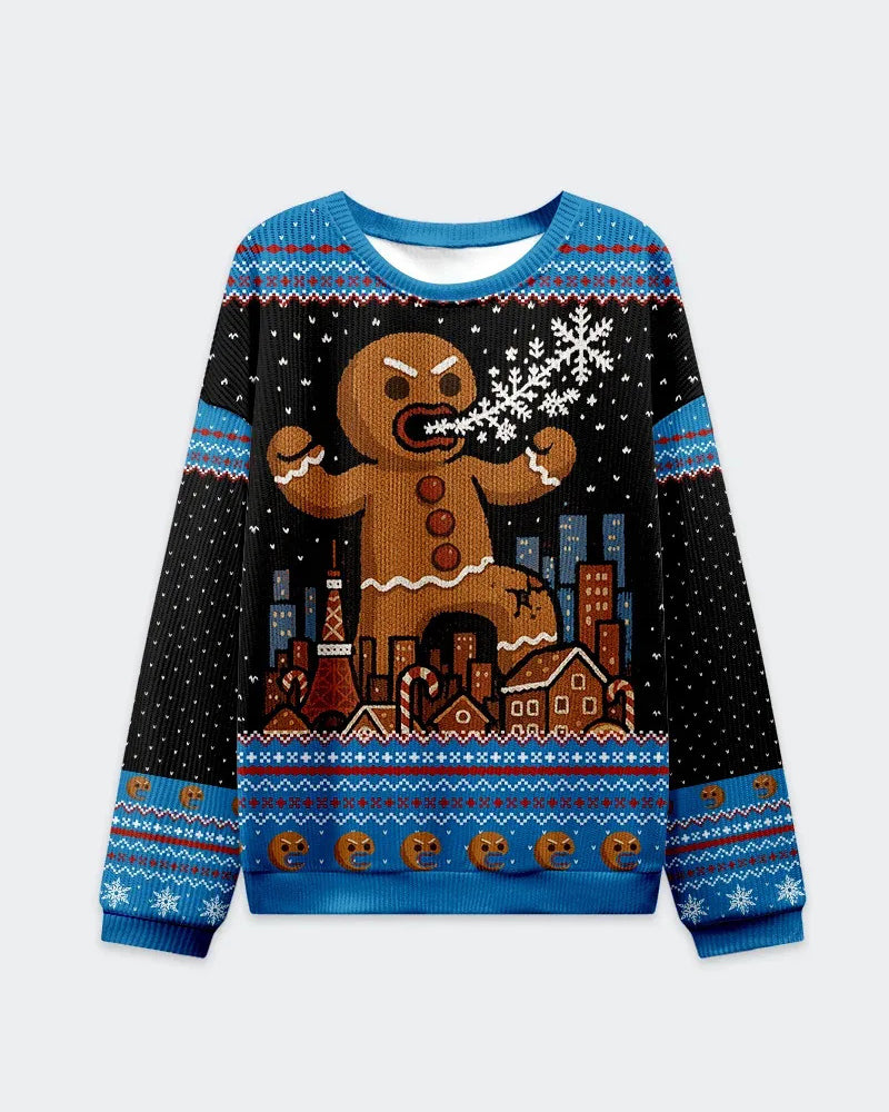 Big & Tall Men's Christmas Blue Gingerbread Man Print Crewneck Ugly Sweater