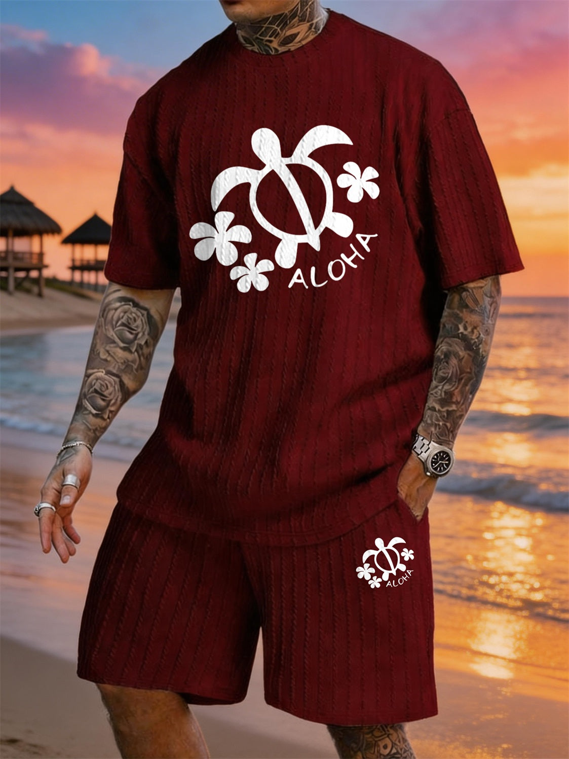 ALOHA Turtle Floral Print Texture Large Size Vacation Set