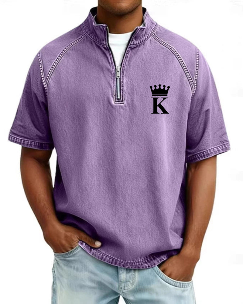 S-4XL Crown K Letter Print Wash Half-Zip Short-Sleeve Polo Shirt