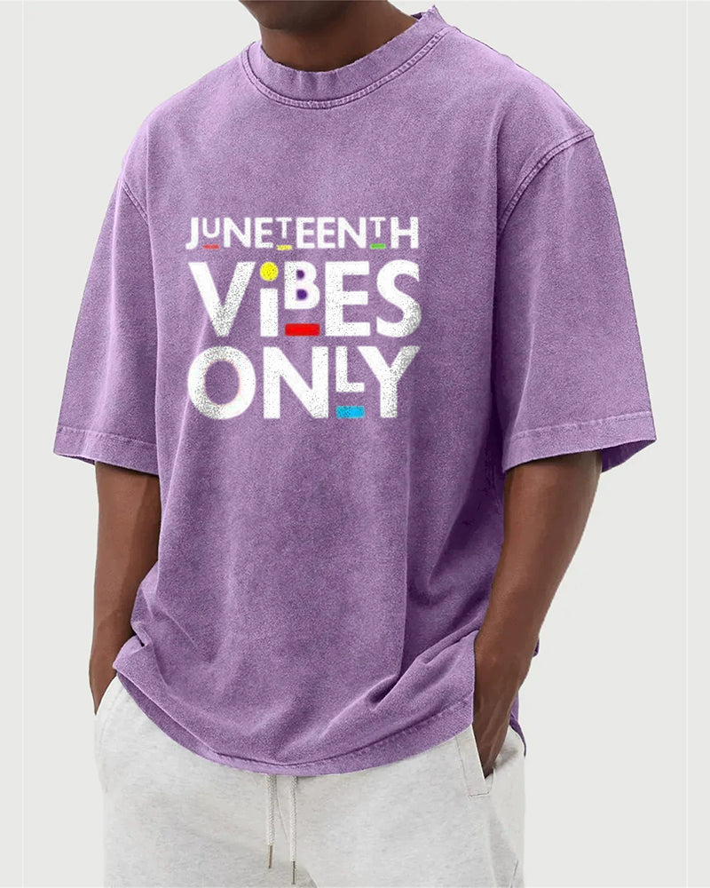 S-5XL Juneteenth Vibes Only Printed Wash Dressed T-Shirt