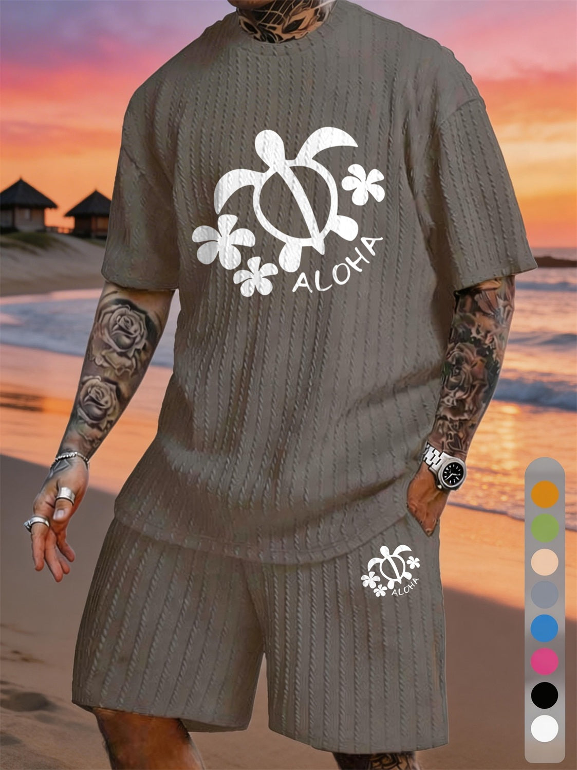 ALOHA Turtle Floral Print Texture Large Size Vacation Set