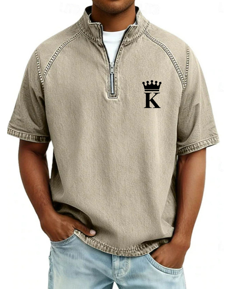 S-4XL Crown K Letter Print Wash Half-Zip Short-Sleeve Polo Shirt