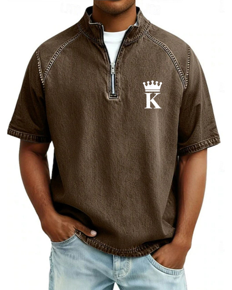 S-4XL Crown K Letter Print Wash Half-Zip Short-Sleeve Polo Shirt
