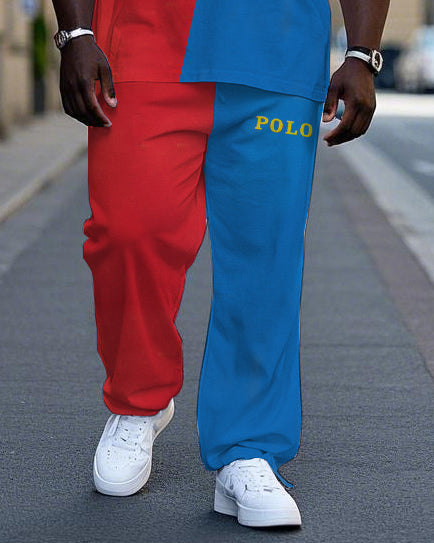 Big Men's Casual Blue & Red Color Block POLO Printed Short Sleeve T-shirt Pants Set with Drawstring
