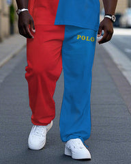 Big Men's Casual Blue & Red Color Block POLO Printed Short Sleeve T-shirt Pants Set with Drawstring