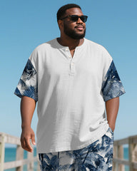 Men's Plus Size Hawaiian Blue Coconut Leaf Print Henry Collar Short Sleeve T-Shirt Shorts Suit