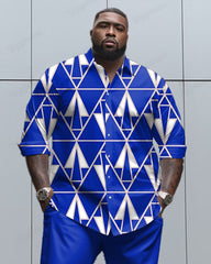 Geometric Triangle Textured Long Sleeve Leverage Shirt 2 Piece Set Men's Plus Size