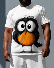 Men's Casual Cute Bird Cartoon Print Big & Tall Short-Sleeve T-shirt Shorts Breathable Summer Set