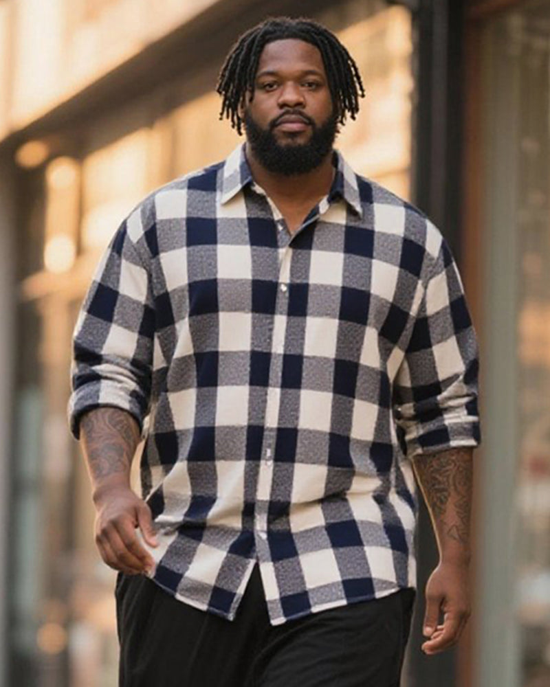 Big & Tall Men's Business Dark Blue Check Printed Long Sleeve Shirt Trousers Suit