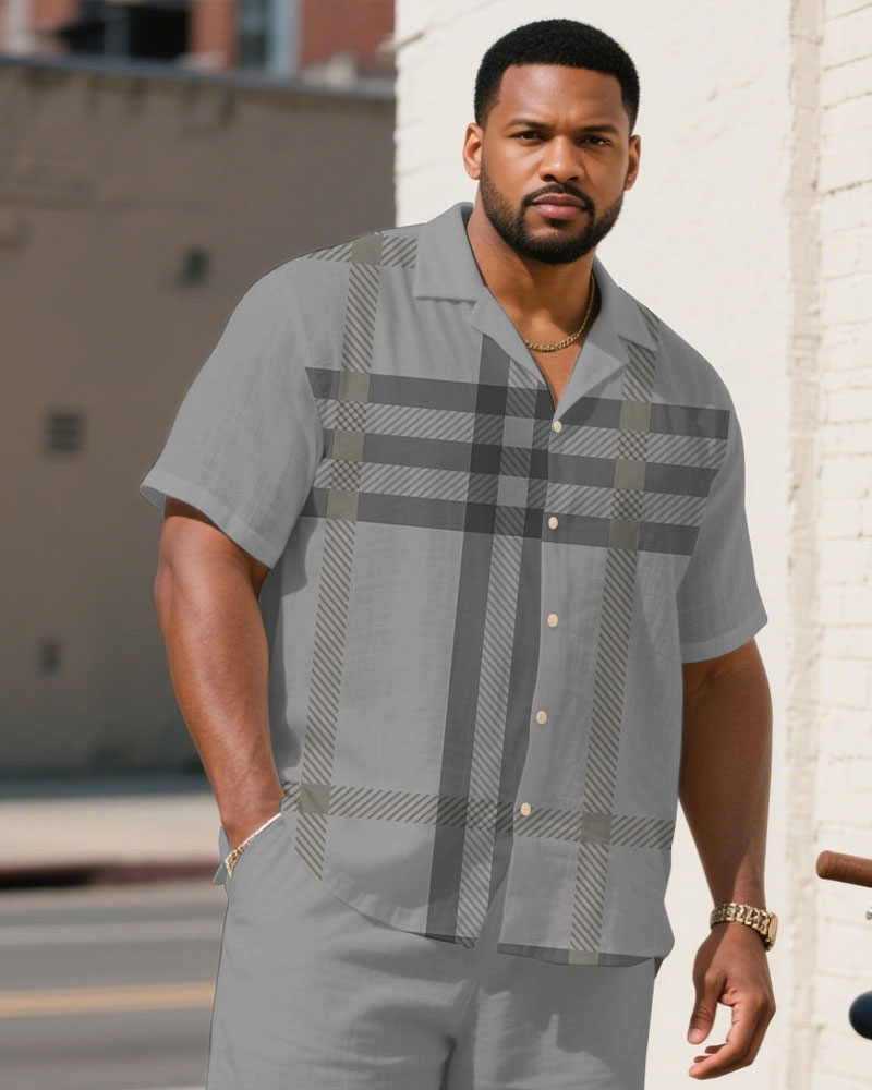Men's Plus Size Gray Big Plaid Short Sleeve Shirt Shorts Suit