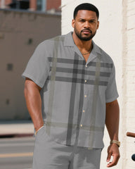 Men's Plus Size Gray Big Plaid Short Sleeve Shirt Shorts Suit