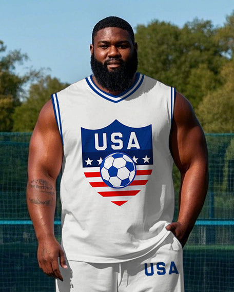 Big Men's USA Uniform Football Pattern Printed Round Neck Basketball Vest and Shorts Set
