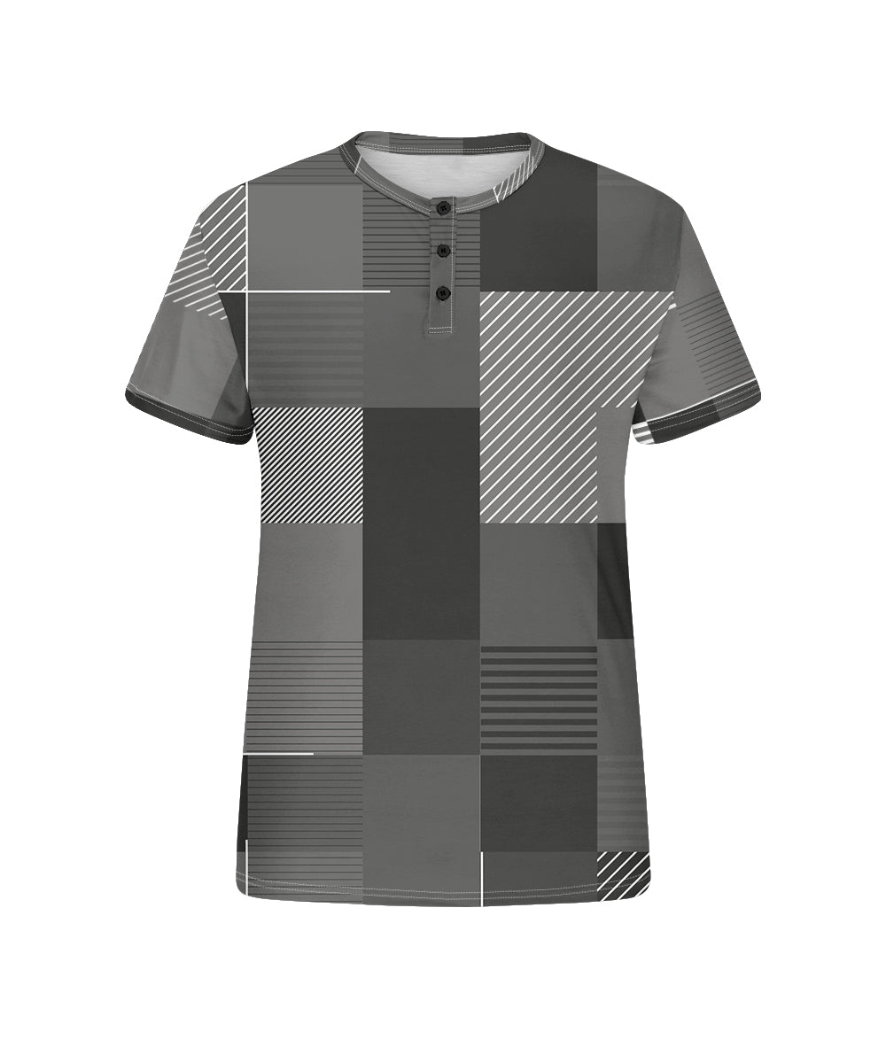 Men's Plus Size Gray Geometric Print Henry Collar Button Short Sleeve T-shirt
