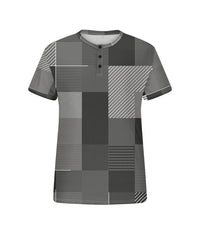 Men's Plus Size Gray Geometric Print Henry Collar Button Short Sleeve T-shirt
