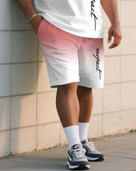 Big & Tall Men Pink & White Gradient Contrast Handwritten Respect Slogan Printed Crewneck Short Sleeve T-Shirt Shorts Suit