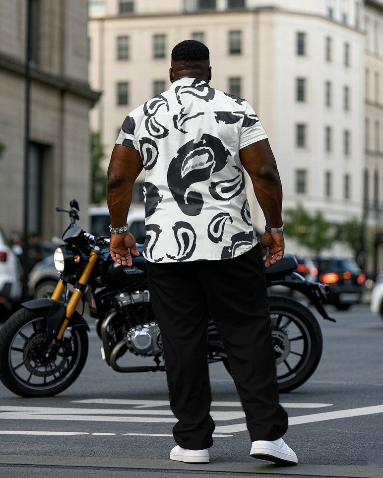 Men's Plus Size Abstract Paisley Quartet Continuous Pattern Short Sleeve Shirt Trousers Suit
