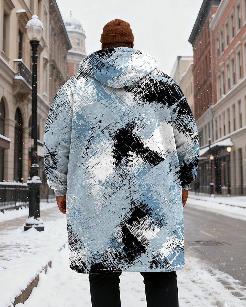 Big & Tall Men's Blue Graffiti Print Velvet Thickened Long Hooded Coat