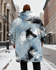 Big & Tall Men's Blue Graffiti Print Velvet Thickened Long Hooded Coat