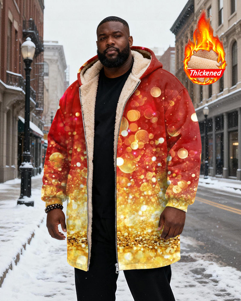 Big & Tall Men's Red Gradient Gold Sequins Printed Velvet Padded Long Hooded Coat