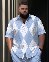 Men's Big and Tall Business Simple Classic Diamond Check Short Sleeve Shirt Trousers Set