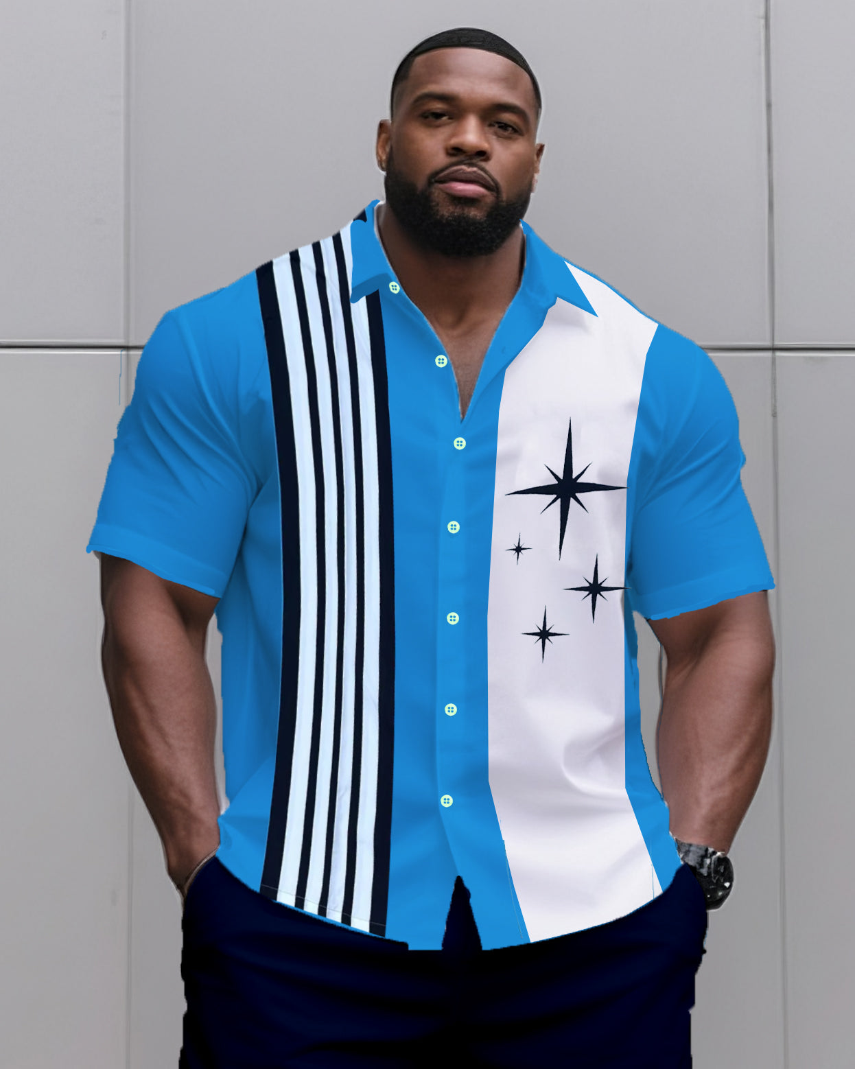 Big & Tall Men's Daily Leisure. Match 3 Color Striped Color. Star Print Shirt Shorts Suit