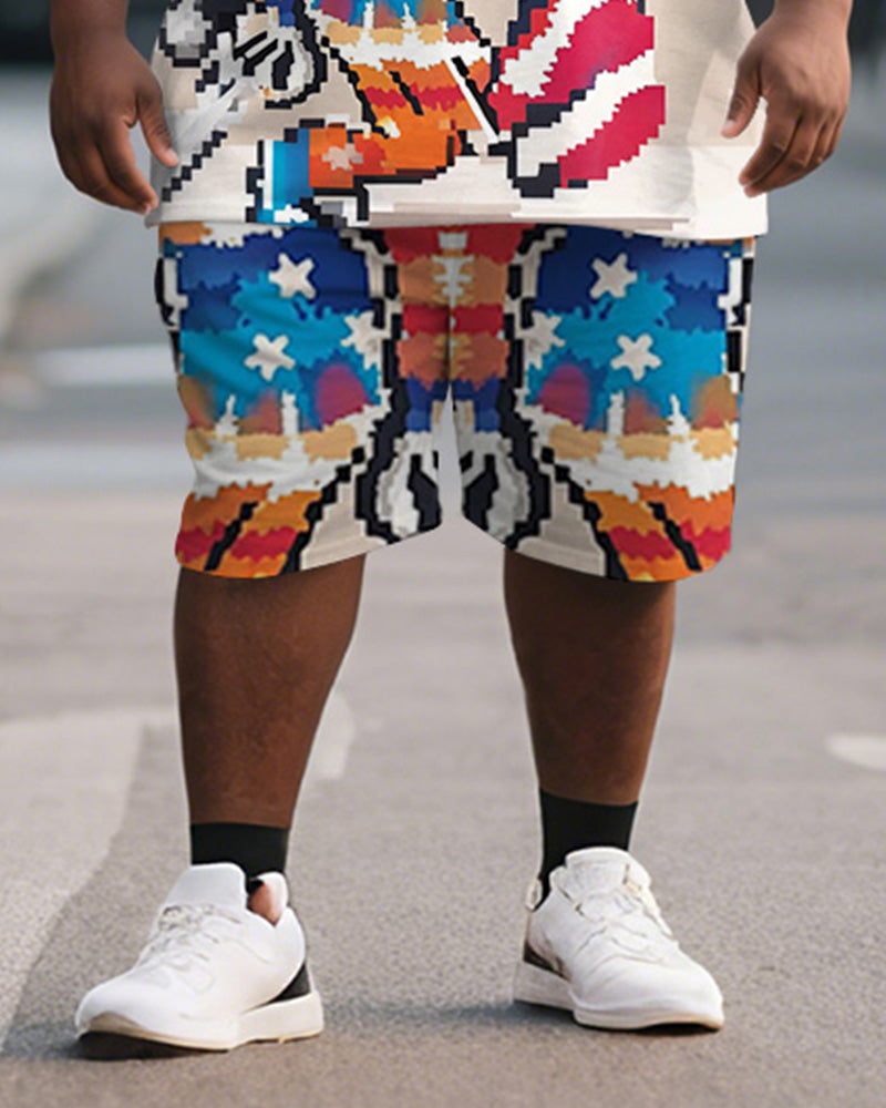 Men's Plus Size Apricot Pixel American Flag Cartoon Dog Print Short Sleeve T-Shirt Shorts Suit