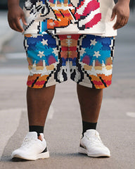 Men's Plus Size Apricot Pixel American Flag Cartoon Dog Print Short Sleeve T-Shirt Shorts Suit