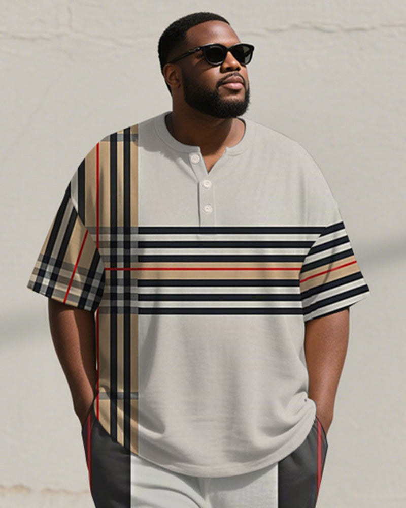 Men's Plus Size Khaki Colorblock Striped Print Henry Collar T-Shirt Trousers Suit